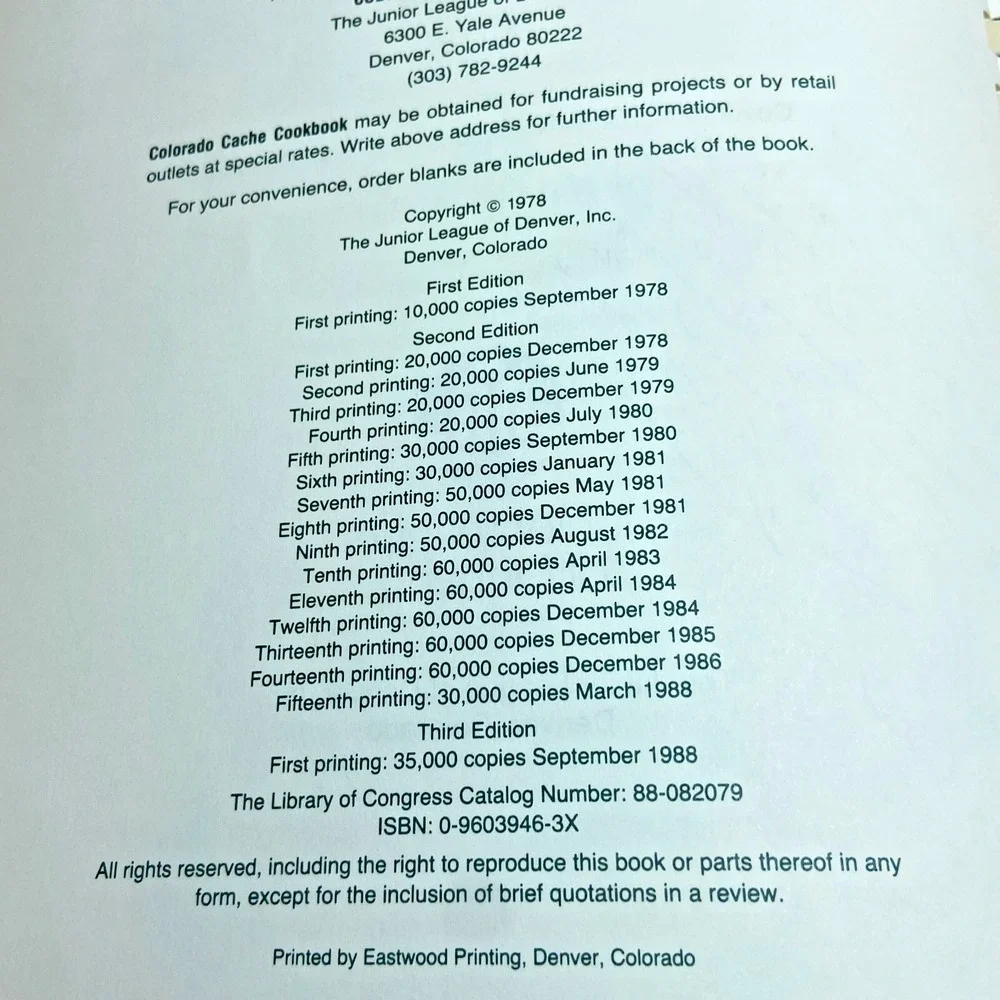 Colorado Cache Cookbook 10th Anniversary Limited Edition Paperback Junior League